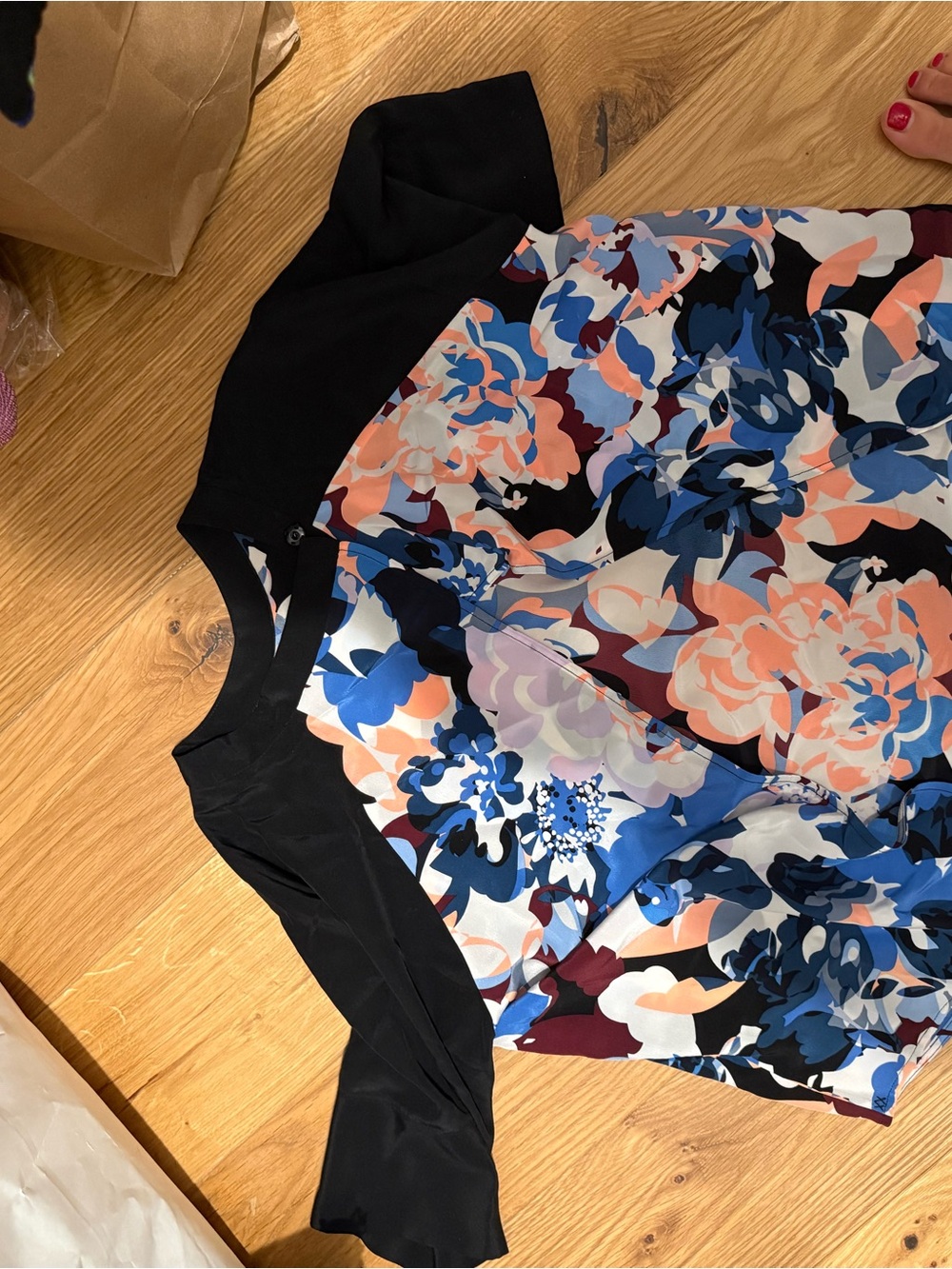 Elizabeth and James Black Floral-Print A-Line Skirt with Blue and Peach Accents